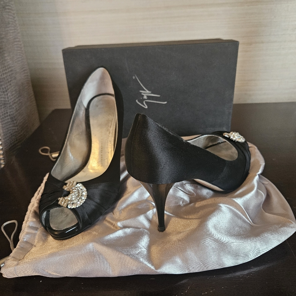 Giuseppe Zanotti Black Satin Heels with Crystal Detail